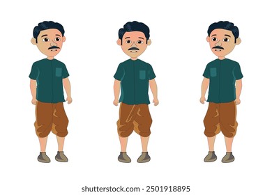 Village Man Cartoon männlichen Charakter-Set. Perfektes 2D-Animationsdesign, um ländliche Geschichten mit authentischen und fesselnden Bildern zum Geschichtenerzählen zum Leben zu erwecken