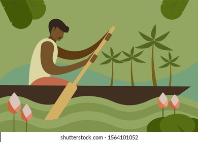 Village man rowing a wooden boat in the water
