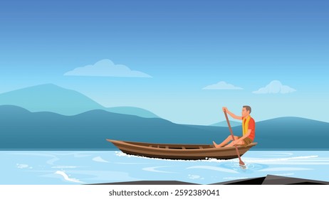 Village man rowing a wooden boat, traditional fishing boat, rural river scene