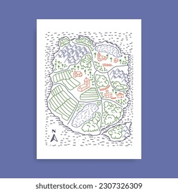 Village map on an island, freehand colorful line art, village streets and small houses