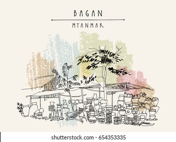 Village market in Bagan, Myanmar (Burma). Burmese traditional clay pots on sale for tourists. Rural Burmese landscape. Travel sketch. Artistic travel postcard in vector