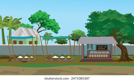 Village market design with food shop under tent. Indian village landscape design for cartoon animation