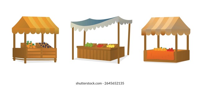Village market food stall, dhaba or bazar, cartoon farm market selling fresh fruit and vegetable at marketplace vector illustration