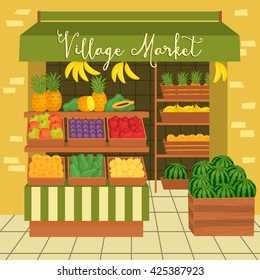 Village market. Marketplace for sale fresh organic fruit and vegetable illustration. Vector stand wooden with farm product. Sell seasonal grocery harvest. Products Farmers market presentation
