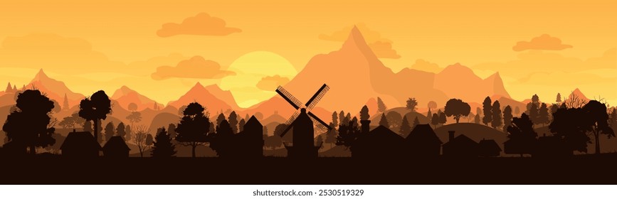 Vila com um moinho contra o pano de fundo do pôr do sol e montanhas. Silhueta de uma aldeia com um moinho. Vetor