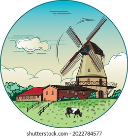 a village mill for grinding grain around a field with wheat at the cow house