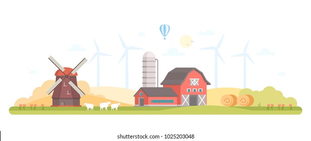 Village - modern flat design style vector illustration on white background. A composition with a barn, windmill, silage towers, farm animals, tractor, haystacks. High quality image for your banner