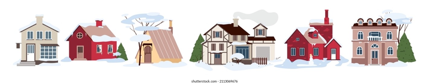 Village modern houses in winter cold weather and snow set vector illustration. Cartoon family homes in snowdrifts, buildings and cottages with trees in garden, windows, roofs and doors background