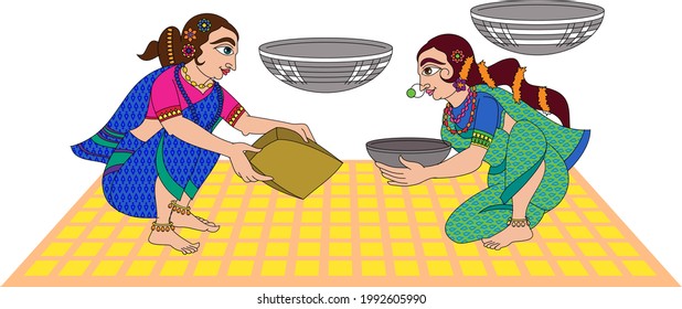 Village morning rituals. woman pounding grains and cleaning. Drawn in Indian folk art, Kalamkari style. for textile printing, logo, wallpaper