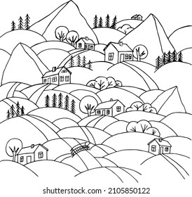 Village in the mountains. Hill houses. Vector illustration of landscape and small houses.