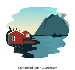 Village in the mountains landscape of the northern mountain valley with red houses. Rest in a mountain village on the shore of a lake and a river. Vector illustration in a flat style.