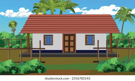 Village Mud house with tiles roof background with trees and banana trees,fence and bushes.Poor farmer cottage