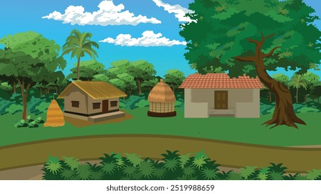 Cabana de lama de aldeia com telhado de telhas vermelhas com um armazenamento de colheita, casa feita de palha, uma pilha de palha ao lado de uma estrada. Índia aldeia casa composto vetor ilustração.Asiático casa fundo paisagem