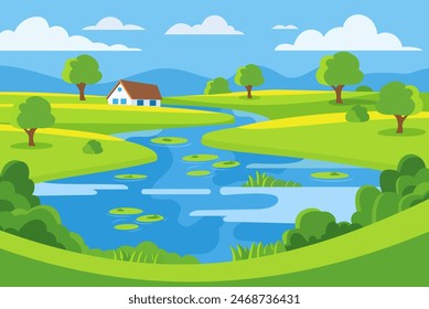 Paisaje natural del pueblo. Vector de dibujos animados de un antiguo río sobre un fondo de campos verdes, prados, árboles, montañas, colinas y una casa dulce. En el río crecen nenúfares y juncos.