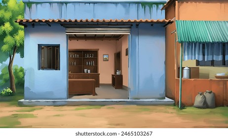 Village natural poor shop 2d cartoon vector background