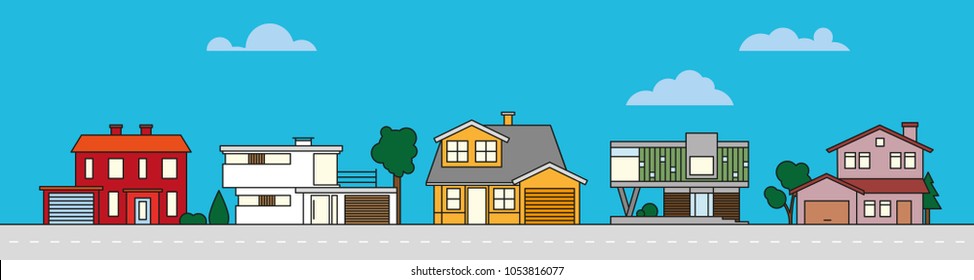 Village neighborhood color vector illustration with contemporary and modern buildings