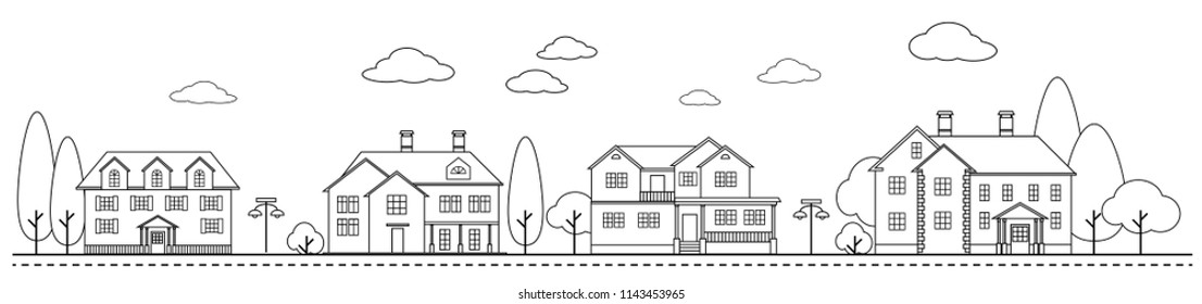 Village neighborhood line art vector. Residential buildings on suburban street. Contour illustration.