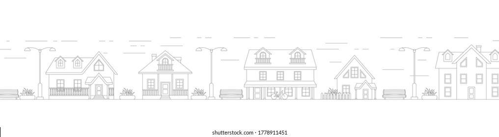 Village neighborhood line art vector. Residential buildings on suburban streets.