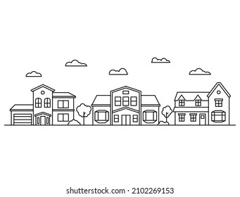 Village neighborhood line art vector.Simple house icon cityscape.Urban landscape with city street or district.Cityscape with residential houses.Isolated on white background.