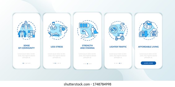 Village neighbourhood onboarding mobile app page screen with concepts. Countryside housing advantages walkthrough 5 steps graphic instructions. UI vector template with RGB color illustrations