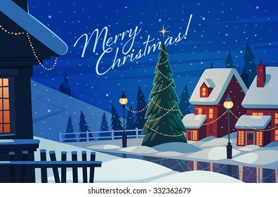 Village at night. Christmas greeting card. Vector illustration.