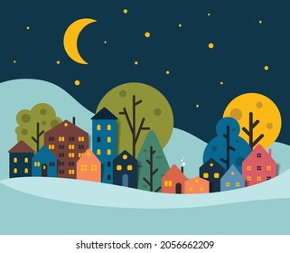 Village, night panorama. Houses scenery. Vectro paper cut illustration.