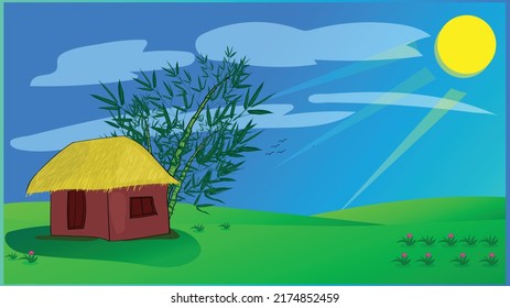 Village old house with Natural cartoon background vector illustration