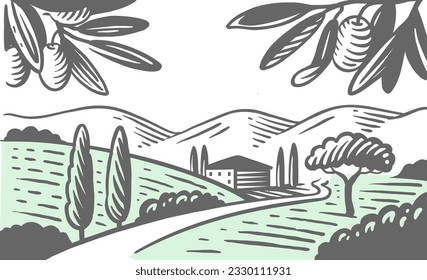 Village and olive trees vector. Nature landscape.