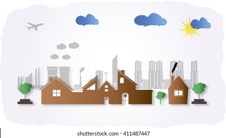 The village is on a city background. Illustration. Eco.