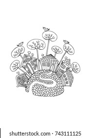 Village on Hill. Hand drawn picture. Sketch for anti-stress adult coloring book in zen-tangle style. Vector illustration for coloring page. 