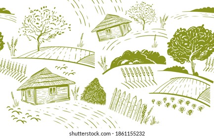 
A village on the hills with fields and vegetable gardens, apple trees, orchard trees. Vector illustration, seamless pattern, monochrome.