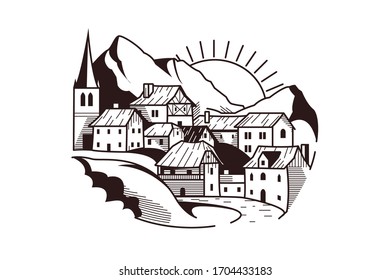 Village on mountain landscape vector illustration. Wooden houses, trees on picturesque background. Scenic scenery in white and black colours flat style design