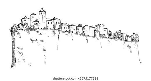 village on steep cliff in monochrome hand-drawn style