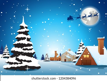 village are on xmas night and santa fly away to send gift to everyone,vector illustration