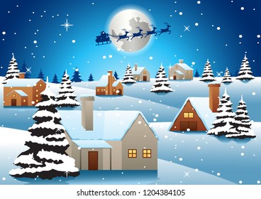 Village On Xmas Night Santa Fly Stock Vector (Royalty Free) 1204384105