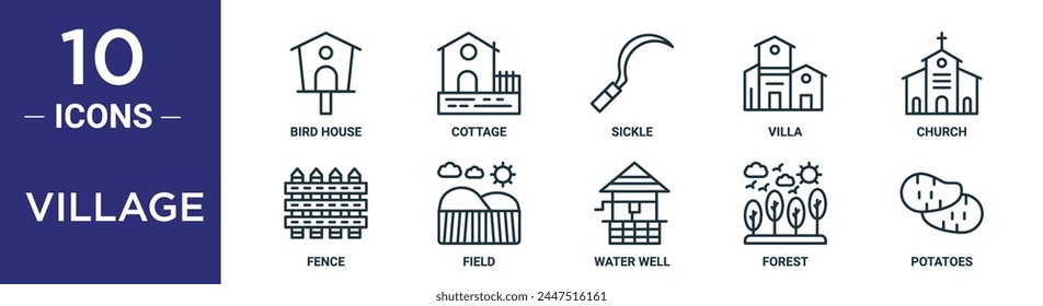 village outline icon set includes thin line bird house, cottage, sickle, villa, church, fence, field icons for report, presentation, diagram, web design