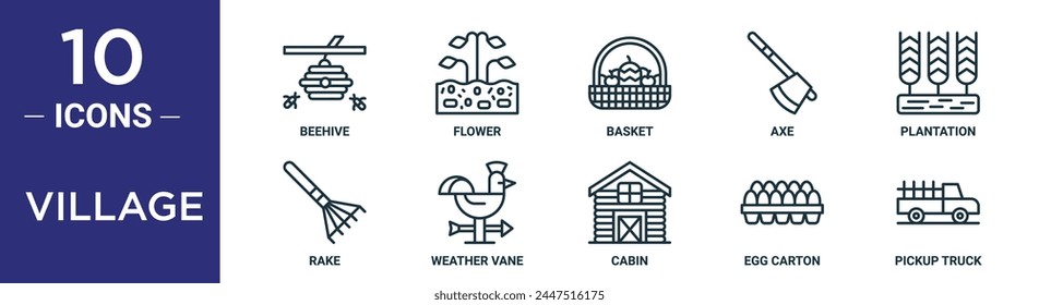 village outline icon set includes thin line beehive, flower, basket, axe, plantation, rake, weather vane icons for report, presentation, diagram, web design