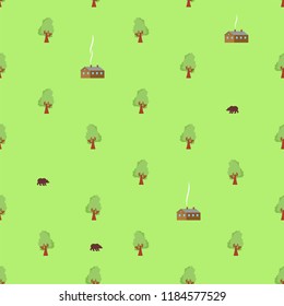 Village pattern seamless. Shed in woods. forest Grizzly bear background. Wooden house and trees. Vector ornament