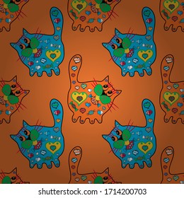 Village pattern for textile and fabric. The illustration of a cute kitten. Seamless pattern pretty cat illustration. Vector illustration. Design in black, blue and orange colours.