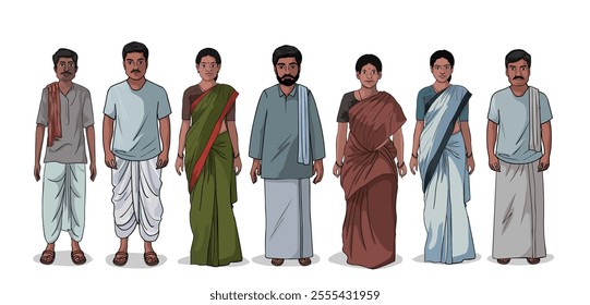 Village People Characters Vector, Cartoon Indian Village People Front View, men, women, framers, Cartoon people Illustration