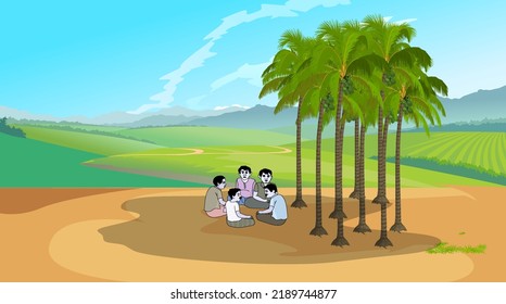 Village peoples are gossiping in the village paddy field under the coconut tree village nature scene for cartoon background.