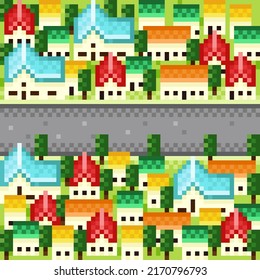 Pixelkunst des Dorfes. Vektorgrafik.
