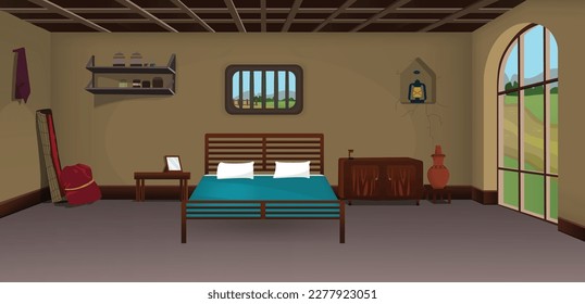 Village poor room inside with big window cartoon background, Poor house room interior vector illustrations.