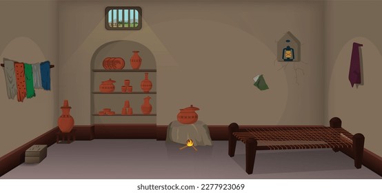 Village poor room inside cartoon background, Poor house with kitchen interior vector illustrations.