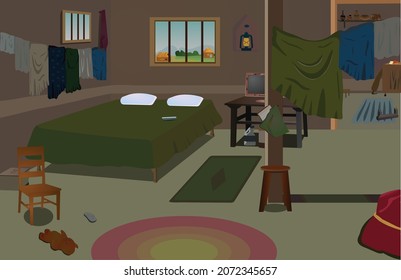 Village Poor Room Inside, Room Interior Vector Illustration