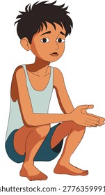 Village poor sad boy kid teenage sitting on his legs crouching down in ground squatting flat vector illustration  