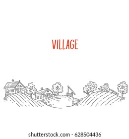 Village or ranch with a well and arable land, a panorama of linear graphics, sketch lines, engraving style