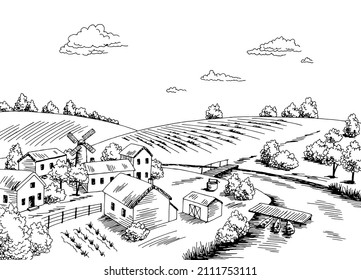 Village river graphic black white rural landscape sketch illustration vector 