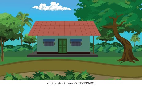 Village road cartoon images,Village house beside road coartoon illustration 2d vector background