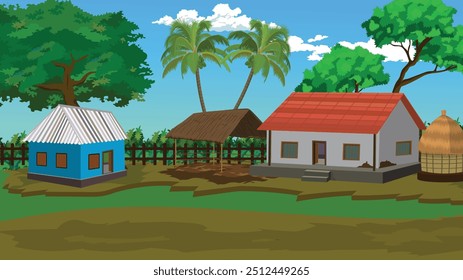 Village estrada cartoon vetor download para 2d animation.Village cabana paisagem com telhas telhado e fench